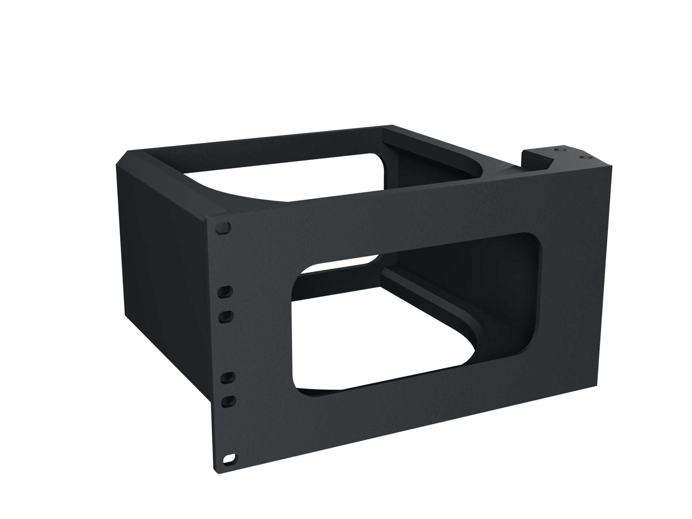 Angled render of the black 3U Mac Studio single mount