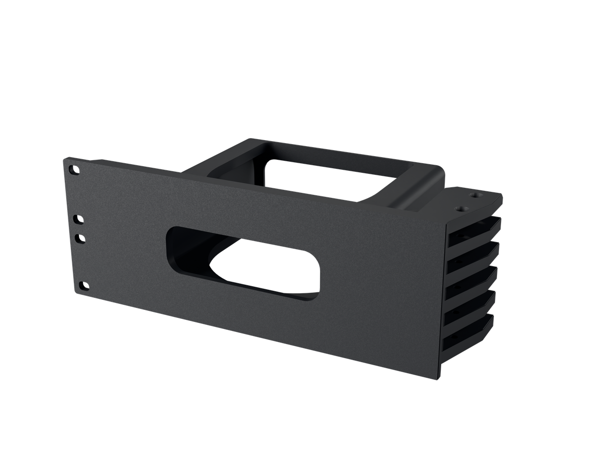 Schrägansicht der schwarzen 2U M4 Mac Mini Einzelhalterung